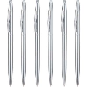 6 Pieces Wikult Silver Slim Metal Ballpoint Pen, 1mm Medium Point Black Ink Smooth Writing, for Business Office Teacher Student Wedding Guest