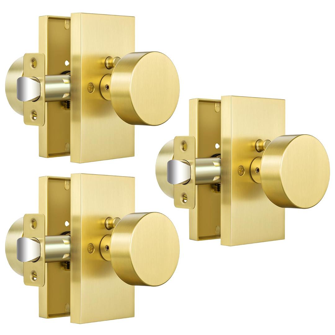 Calzibeno Satin Brass Privacy Door Knobs, 3 Pack Zinc Alloy Heavy DutyDoor Knob, Brushed Gold Door Knobs Interior, Rectangular Modern Door Knob for Bedroom, Bathroom