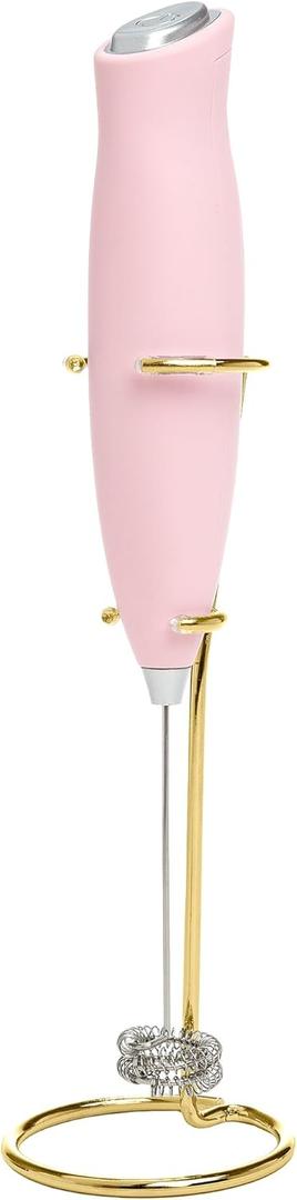 Paris Hilton Electric Handheld Milk Frother with Double Coil Head Whisk and Gold Metal Stand, Battery Powered (2 AA Batteries Required but Not Included), Pink