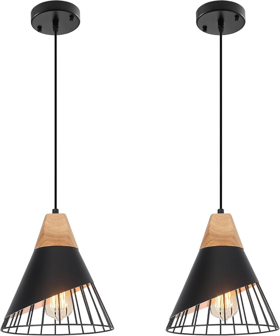 Black Pendant Light, 2 Packs 9.4 Inch Modern Pendant Lights, Farmhouse Pendant Light, Kitchen Pendant Lighting, Black Pendant Lights Kitchen Island for Living Room, Bar, Bedroom, Office
