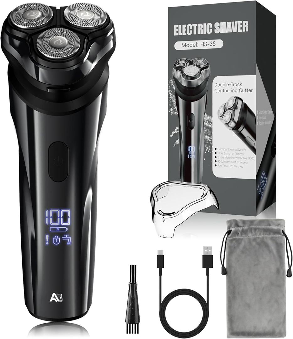 Electric Rechargeable Shaver for Men,Wet & Dry Electric Razor, IPX7 Waterproof Rotary Shaver for Men,4D Floating Head, LED Display,Type-C, Travel-Friendly, Cloudy Grey