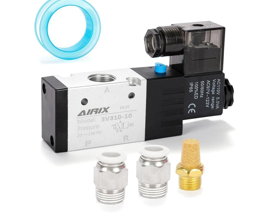 3V310-10 Pneumatic Solenoid Valve AC110V, 2 Position 3 Way, 3/8" NPT, Pilot-Operated Single Coil, Fast Response Electric Air Valve With Junction Box & Quick Connect Fittings