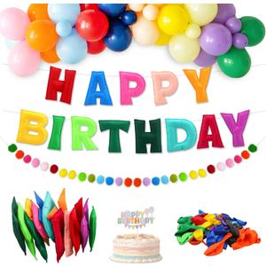 Happy Birthday Decorations Set - Pre-Strung 3D Felt Happy Birthday Banner and Garland with 50 Balloons & Cake Topper, Reusable Banners for Party Decor, Kids Room Decor, Photo Prop