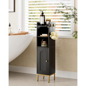 Bathroom Storage Cabinet, Small Corner Floor Hutch with 2Hooks,Narrow Toilet Paper Cabinet with Adjustable Shelf,Morden Bathroom Organizer for Small Spaces,Black