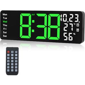 Digital Wall Clock Large Display, 17.3" Digital Clock with RGB Color Remote Control, Auto-Dimming Big Wall Clock with Night Light,Auto DST,Date Week,Temp for Home Decoration, for Elderly (Green)