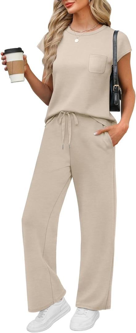 WIHOLL 2 Piece Sets for Women Casual Summer Travel Vacation Outfits Cap Sleeve Lounge Set (Small, Beige)