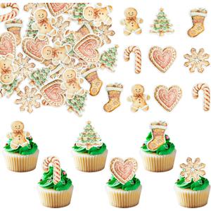 4 x Ephlyn 60Pcs Merry Christmas Cupcake Toppers Edible Rice Paper Round Christmas Gingerbread Man Cake Topper Decorations Women Men Birthday Party Anniversary Decorations Supplies (Brown)