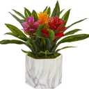 Nearly Natural Bromeliad Artificial Plant in Marble Finished Vase