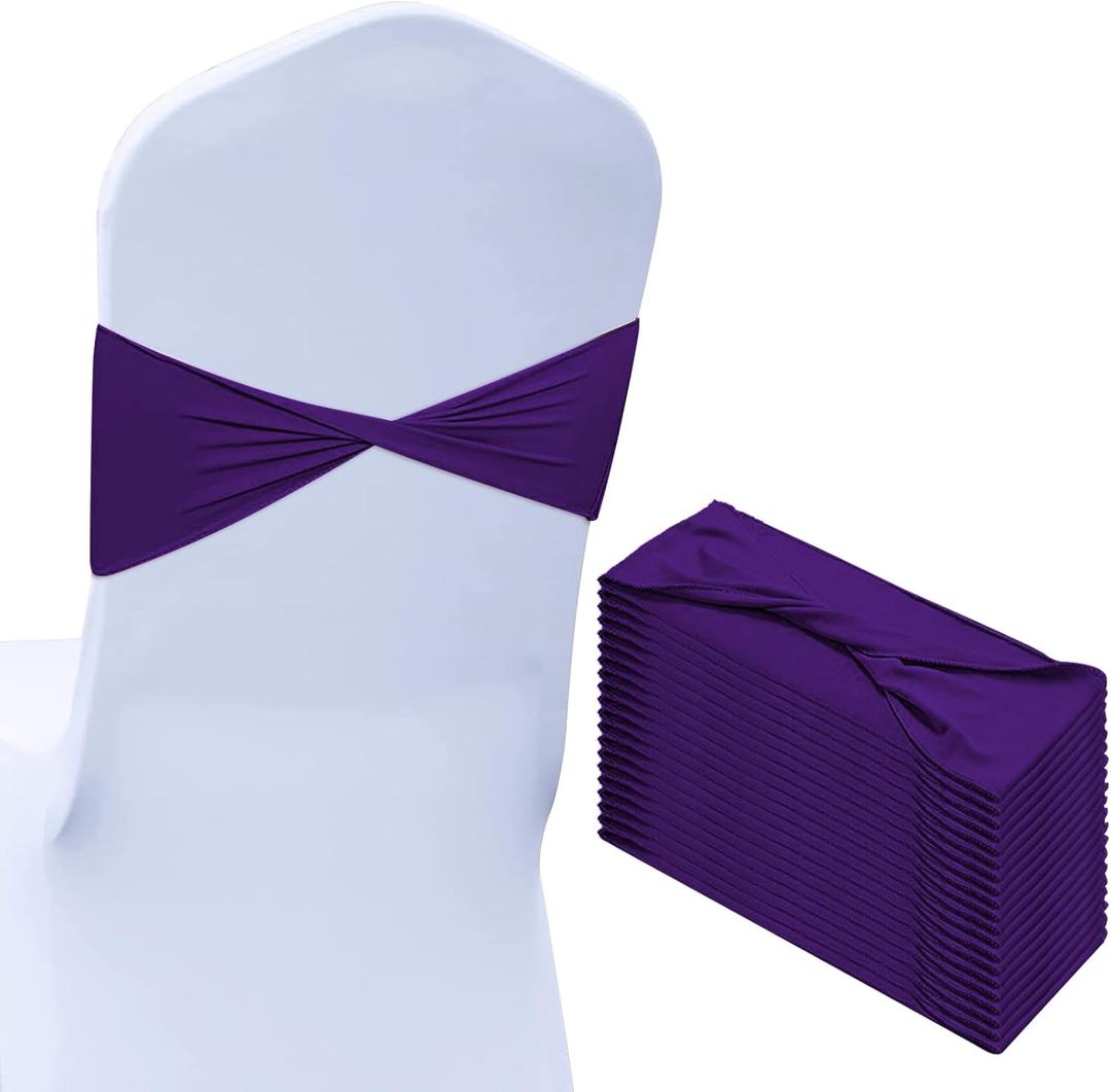 Tegeme 20 Pcs Spandex Chair Sashes Covers Without Buckle Elastic Chair Bands Sashes Ties for Wedding Party Events Ceremony Birthday Decorations(Purple)