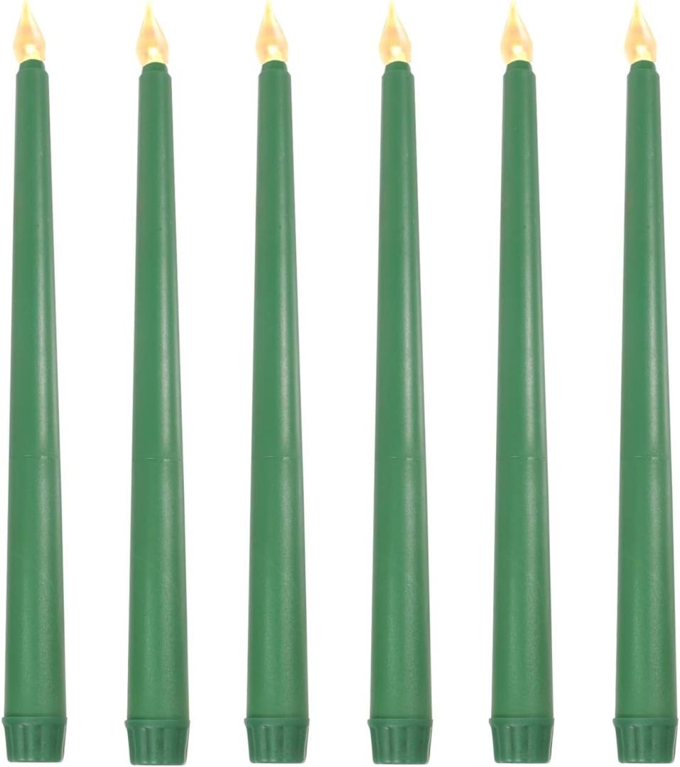Angoily Flameless Ivory Taper Candles Flickering, Green Real Wax Led Flameless Taper Candles, Battery Operated Led Warm 3D Wick Light Window Real Wax Pack of 6, Christmas Home Wedding Decor