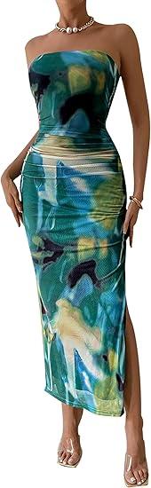 PRETTYGARDEN Women's Summer Wedding Guest Dress Strapless Tube Top Maxi Bodycon Long Floral Mesh Beach Vacation Party Dresses, L, Print Green 