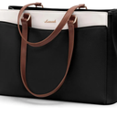 LOVEVOOK Laptop Tote Bag for Women, Work Bags Teacher Tote Bag, Waterproof Leather Computer Bag, Business Laptop Purse Office Handbag Professional Briefcase, Black-Beige-Brown, 15.6 Inch