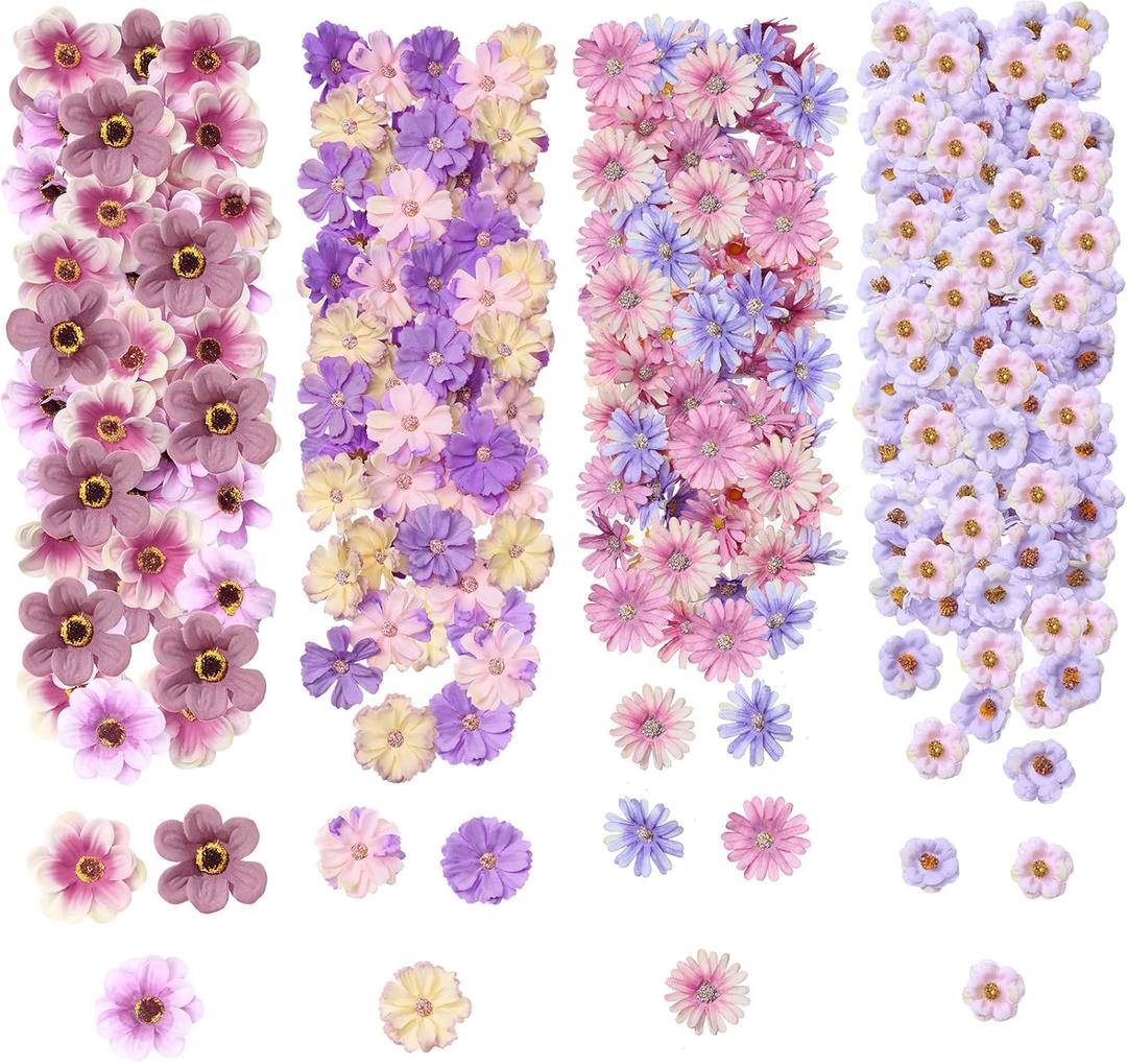 Cindeer 217 Pcs Mini Fake Flowers for Crafts Bulk Fake Flower Heads Craft Rose Daisy Small Silk Artificial Faux Decorations Flower for Art Wedding Summer Decorations, 2-4 cm(Purple Series)