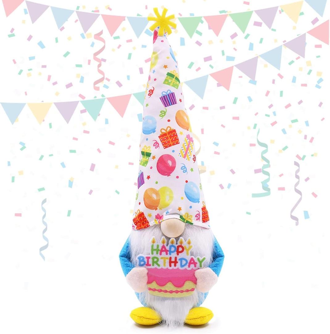 Happy Birthday Gnome Plush Holding Cake, 13 Inch Handmade Gnome for Birthday Party Decorations, Cute Tiered Tray Decor, Gift for Women Men Mom Grandma
