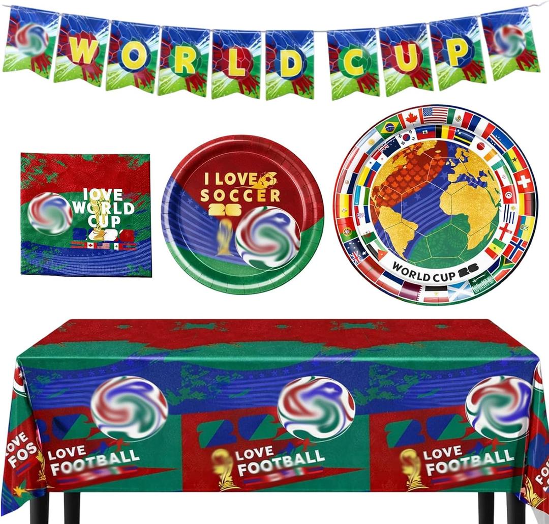 World Cup Decorations, 2026 World Cup Decorations, 42 Piece Soccer Theme Tableware Set, Ideal for Viewing Parties and Soccer Celebrations, Includes Banner, Tablecloth, Plates and Napkins