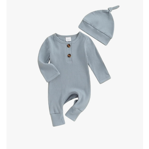 Infant Boys Girls Clothes Set Newborn Baby Romper Hat Ribbed Knit Long Sleeve Button Solid Bodysuit Jumpsuit Grey Blue 60