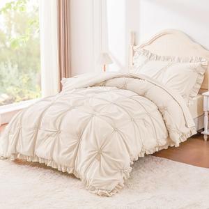 Twin Comforter Set for Girls, Boho Pintuck Bedding Comforter Sets, 4 Pieces Ruffles Jacquard Embroidery Twin Bedding Sets with Comforter, Fitted Sheet, Flat Sheet and Pillowcase, Beige