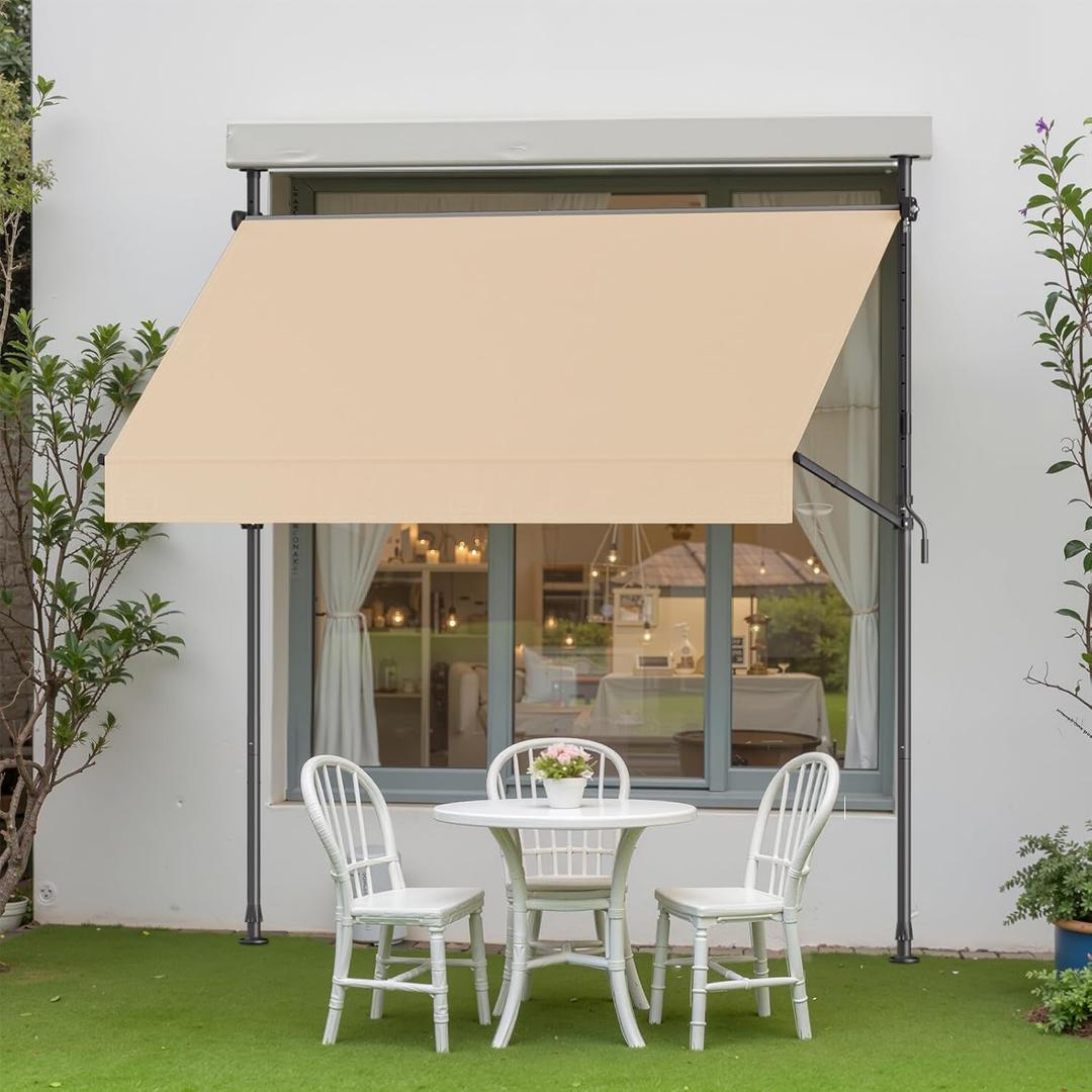 Grandekor Manual Retractable Awning,79" W x 118" H,No Drilling Outdoor Sun Shade Patio Awning,Adjustable Patio Door Window with UV 50+ Protection for Backyard,Garden,Balcony,Max Height 118",Beige (Cream)