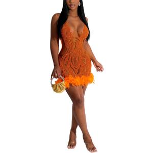 TIFIYA Women's Girls Party Dress Stylish Sexy Sparkly Rhinestone Evening Dress Wedding Guest Clubwear (Ta003-10-Orange), XL