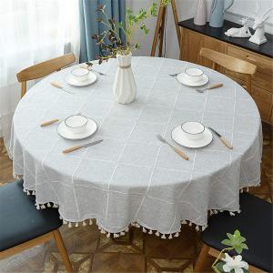 Round Tassel Plaid Tablecloth, Heavy Weight Cotton Linen Fabric Table Cover for Kitchen Dining Tabletop Decoration, Grey, 60" Round (Diameter 60")
