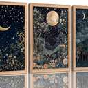 Framed Dark Moon and Forest Wall Art, Gothic Cottagecore Botanical Floral Painting Canvas Prints, Moody Night Stars Landscape Wall Decor, Dark Academia Poster Artwork for Living Room Bedroom Office