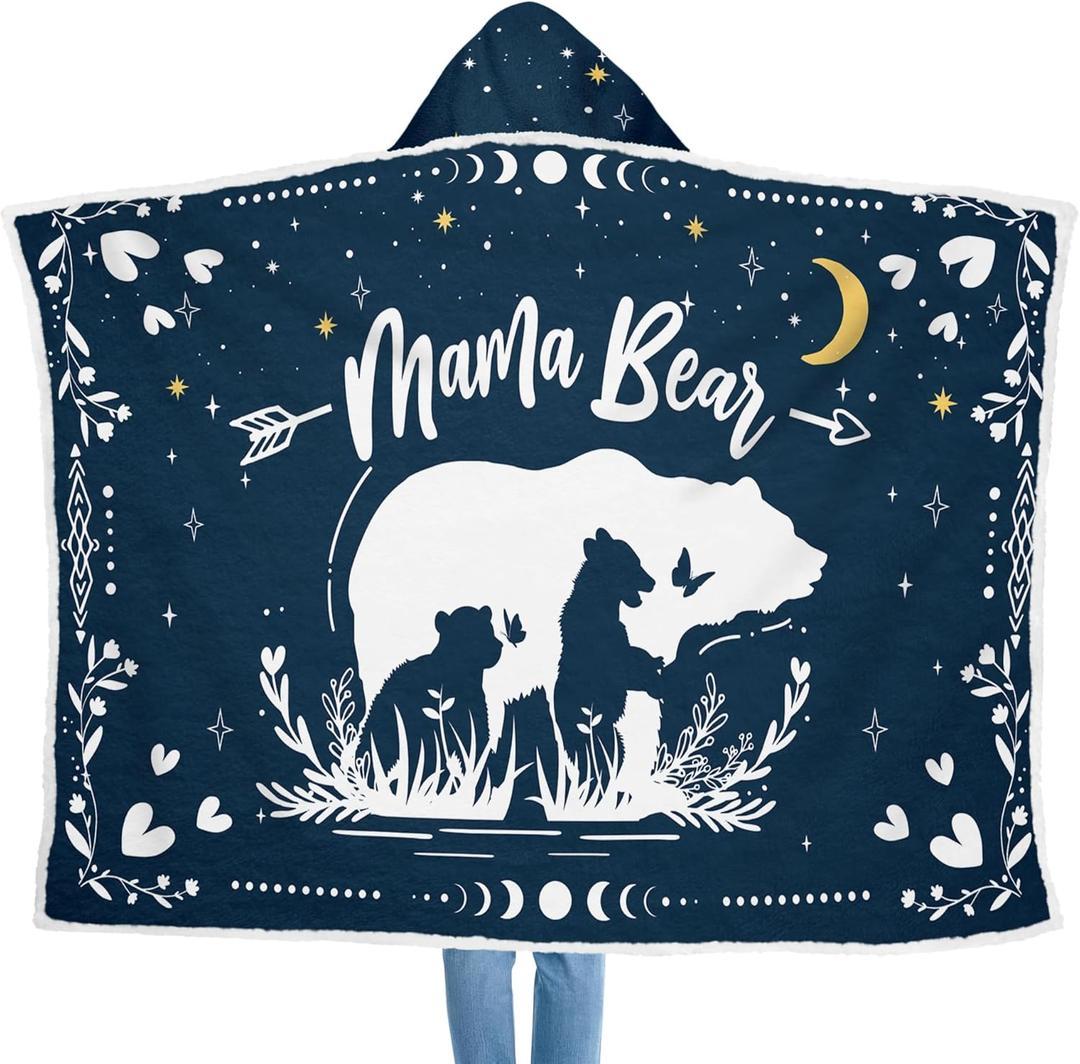 GEEMBI Birthday Gifts for Mom from Daughter or Son - Blue Mama Wearable Blanket Hoodie 47x72 in - Birthday Gifts for Women, Gift for Mother in Law, Mama Gift Ideas, Blanket for Mom (Blue - Bear Family)
