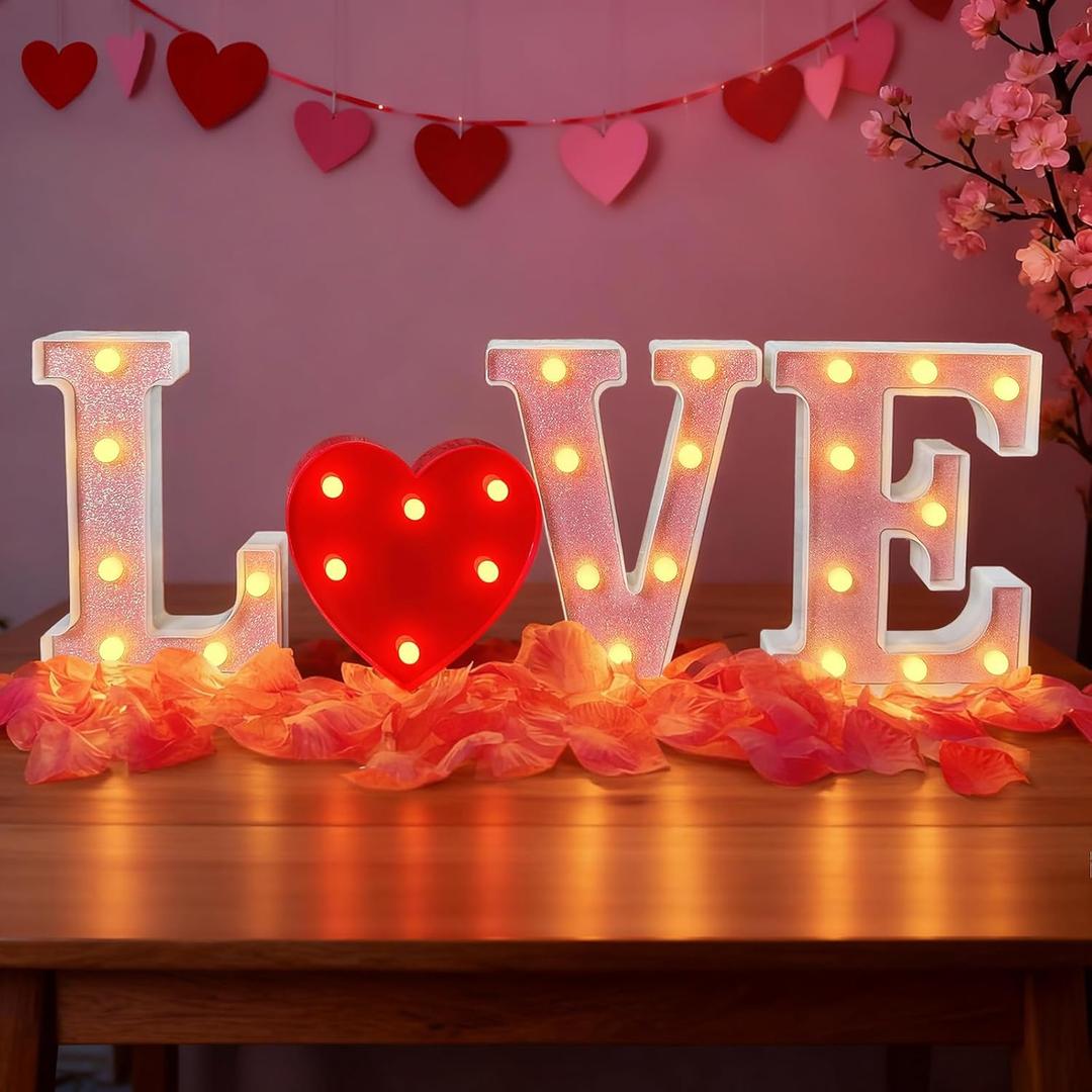 Love Sign with Light Up Heart and LED Letters - Battery Operated Marquee Light for Tabletops, Shelf, Mantel Display, and Romantic Nights - Valentines Day Decorations (Batteries Not Included)