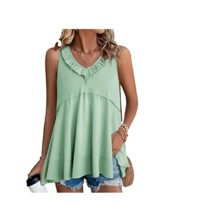 AlvaQ Womens Summer V Neck Tank Top Loose Fit Flowy Shirt Casual Ruffle Sleeveless Tops, XL