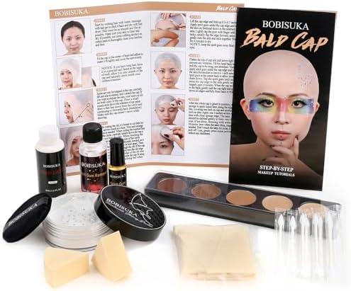 Bald Cap Halloween Makeup Kit for Men & Woman, Complete Bald Cap Costume Character Set, Realistic Bald Cap Kits for Cosplay Make Up, SFX Makeup, Dress-Up Party, Stage, Theater & Film