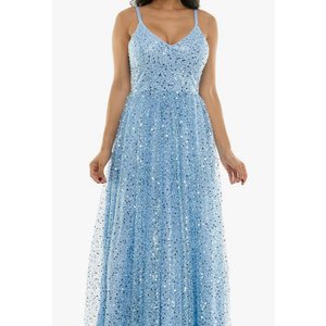 Women's Sleeveless Embellished V Neck Lace Back Tulle Gown Size 5/6