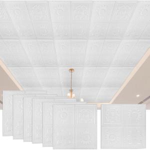 Nuanchu 20 Pcs Foam Drop Ceiling Tiles Peel and Stick White 3D Wall Panels, 26-105.5 Sq. ft Adhesive Glue up Waterproof Wallpaper DIY for Office Home (13.8 x 13.8 Inch,Fresh)