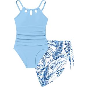 KANGKANG Girls Swimsuit Quick Dry Cut Out One Piece Swimsuits with Tropical Print Cover Up Skirt Bathing Suit Swimwear 7-18Y (12-14 Years, Dark Blue-2)