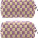 PAZIMIIK Checkered Makeup Bag for Purse Portable Zipper Make Up Pouch Small Cosmetic Case for Travel Accessories (2PCS Purple)