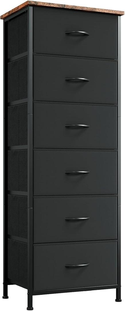 Somdot Tall Dresser for Bedroom with 6 Drawers, Storage Organizer Chest of Drawers with Removable Fabric Bins for Closet Bedside Living Room Laundry Entryway Hallway, Black Rustic Brown