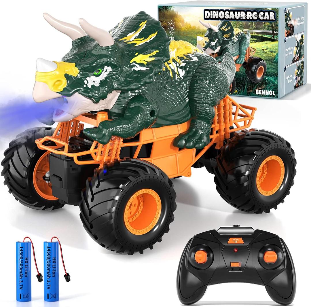 Bennol Remote Control Dinosaur Truck Toys for Kids Boys 3-5 4-7, 2.4GHz RC Dino Car Toys with Light, Sound & Spray, Indoor Outdoor All Terrain Electric RC Monster Car Gifts for 3 4 5 8 10 12 Boys Kids