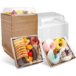 Small Charcuterie Boxes with Clear Lids Square Dessert Boxes To Go Disposable Food Containers for Cookie Sandwich Cake Slice 5.3x4.9x2.5INCHBrown, 60 Pack
