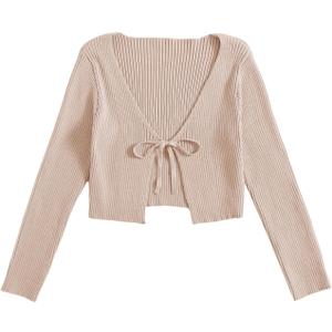 Floerns Women's Tie Front Long Sleeve Rib Knit Shrug Sweaters Cardigan Crop Top (Large)