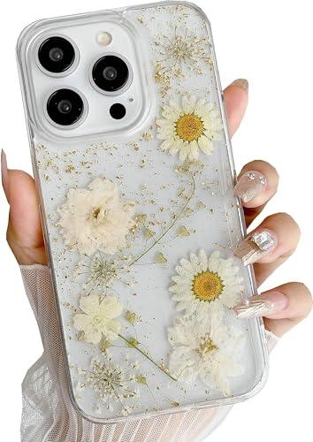 JANDM Real Flower Case for iPhone 16 Pro Max,Clear Soft Flexible Rubber Pressed Dry Real Flower Girls Women Glitter Floral Case for iPhone 16 Pro Max -Daisy