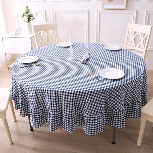K MASANIJI 100% Cotton Navy Blue Plaid Ruffled Table Cloth Round Cover, Dia.70 in Farmhouse Checker Gingham Vintage Decorative Tablecloth (Navy Blue/White Plaid, Dia.70 inches)