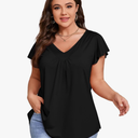 Plus Size Short Sleeve T-Shirts Women Casual Summer Tops V Neck Loose Pleated Blouses , Size XL