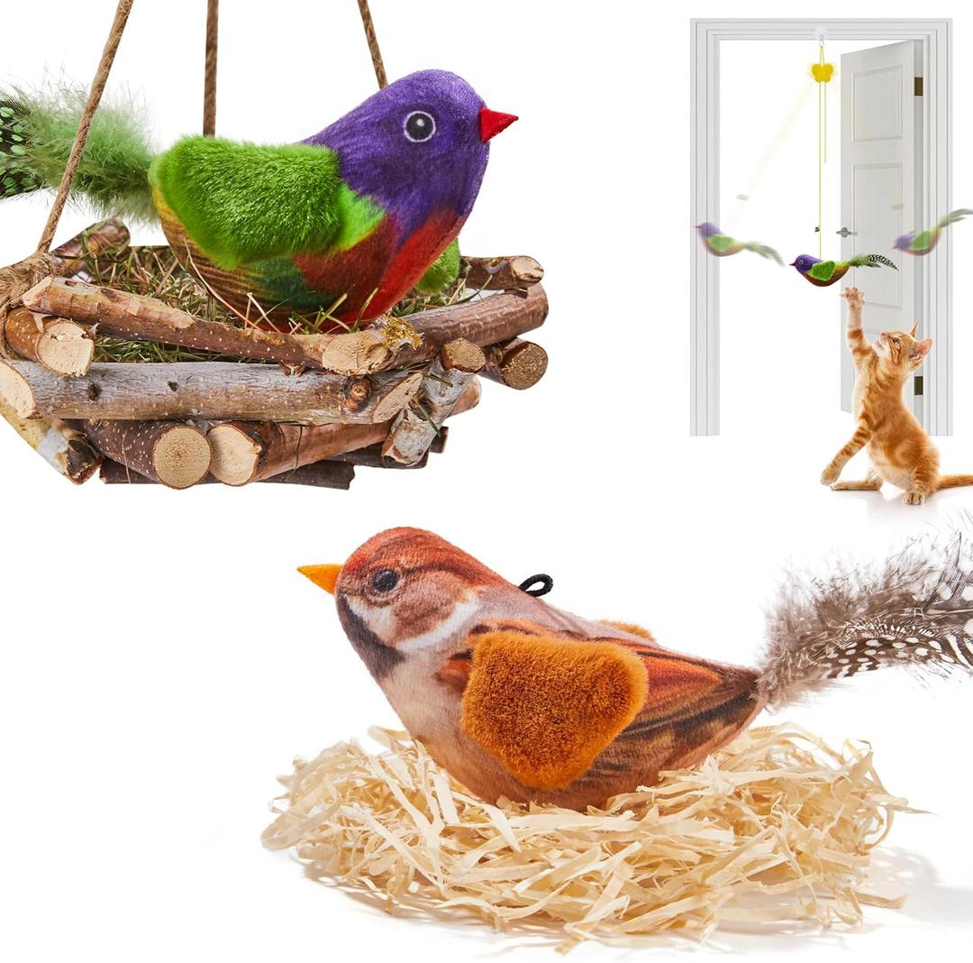 Potaroma Chirping Bird Cat Toys Pack of 2 Catnip SilverVine, Interactive Lifelike Tweets, Kitty Kitten Indoor Cat Kicker Exercise 3.5 Inches