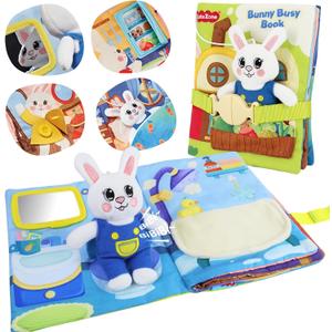 Busy Book for Toddlers 1-3, Montessori Quiet Book with 12 Activities and Attached Bunny, Soft Toddler Busy Board for Fine Motor Skills, Travel Toy Gift for 1+ Year Old Boys Girls