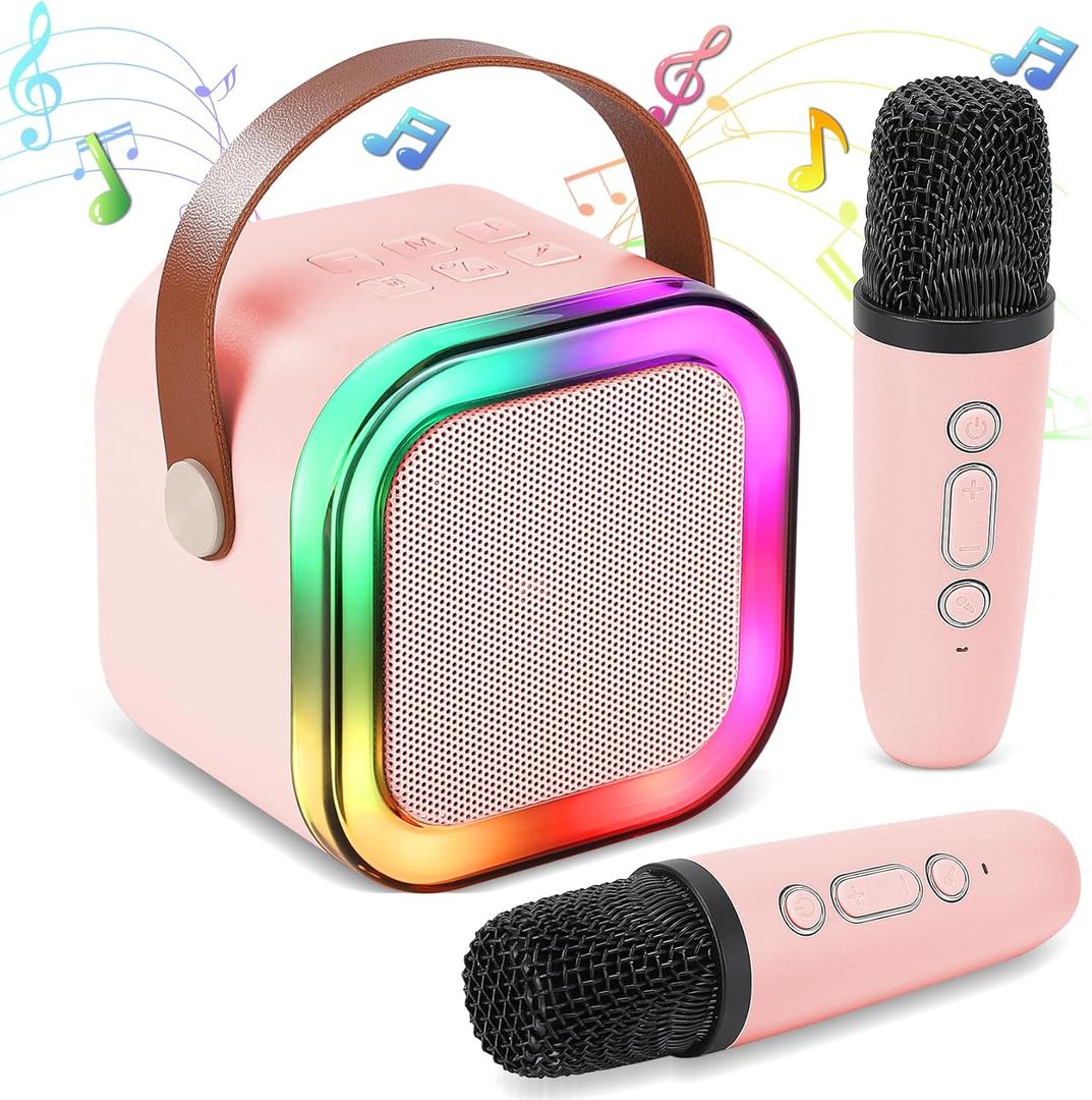 Mini Karaoke Machine, Portable Bluetooth Karaoke Speaker with 2 Wireless Microphones and Light for Family Home Party,Toys for Girls Boys Friends Age 3-12+ Kids and Adults Birthday Gifts.(Pink)