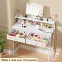 Small Vanity Desk with Rotating Mirror & Power Outlets, 31.5"W Makeup Table, 2 Drawers