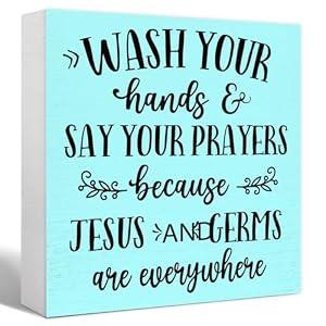 3 x Funny Bathroom Light Green Wood Sign WashYour Hands and Say Your Prayers Wood Block Sign for Bathroom Shelf Toilet Restroom Home Tabletop Desk Decor,Farmhouse Bathroom Wooden Box Sign