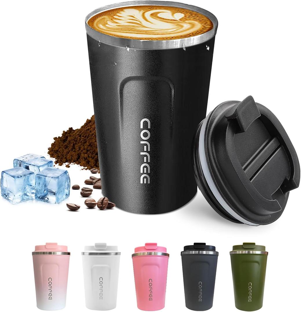 SPLMIFA TRAVEL COFFEE MUGS LEAK-PROOF, REUSABLE COFFEE CUPS WITH LIDS, STAINLESS STEEL VACUUM INSULATED COFFEE TUMBLERS, THERMAL INSULATION CUPS FOR MEN & WOMEN KEEP DRINKS HOT & COLD (2ND-BLACK, 12OZ)