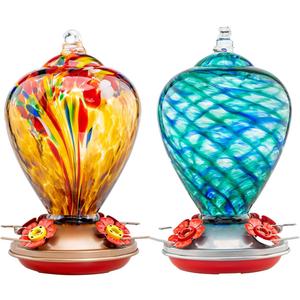 2 Packs Hummingbird Feeder for Outdoors Hanging Ant and Bee Proof, 34OZ 32OZ Hand Blown Glass Hummingbird Feeders for Outside (Yellow & Blue)