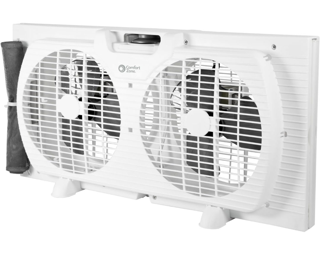 Comfort Zone Window Fan for Bedroom, 9 inch 3 Speed Dual Fans with Auto-Locking Expanders, Window Exhaust Fan, Removeable Bug Screen, White