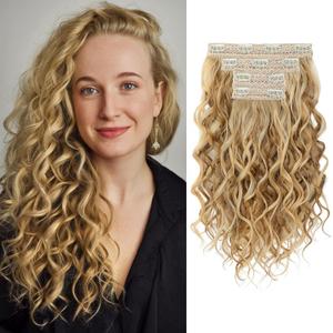 REECHO Curly Hair Extensions, 4PCS 16 inch Clip in Hair Extensions Lace Weft Short Curly Extension Clip Ins Invisible Natural Hairpieces for Women, Dark Blonde with Highlights