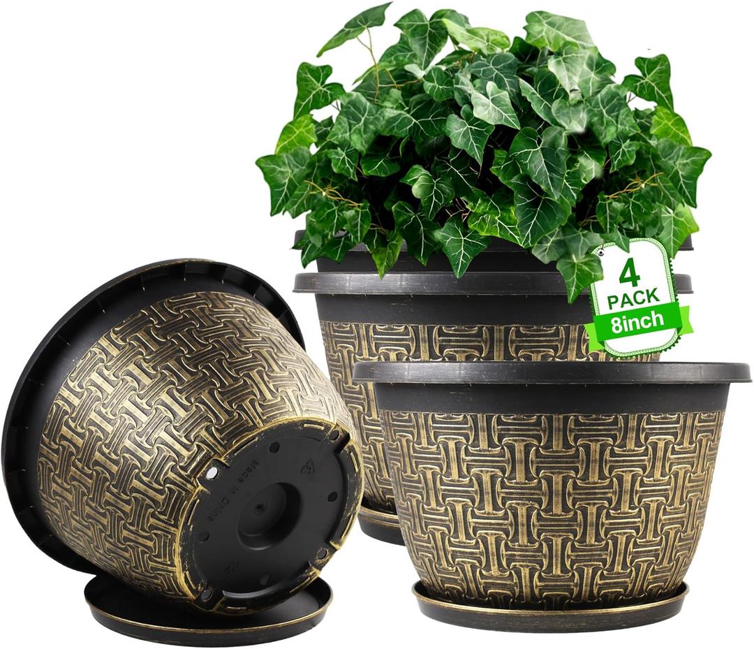 8 Inch Plant Pots, 4 Pack Flower Pot Outdoor with Drainage Holes & Trays, Retro Antique Imitation Decorative Garden Plastic Planters Pots for Plants Indoor Sets for Houseplants (Gold 4-pack)